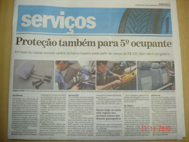 Matéria Jornal do Carro  proteção ao quinto ocupante,reportagem feita em nossa loja.